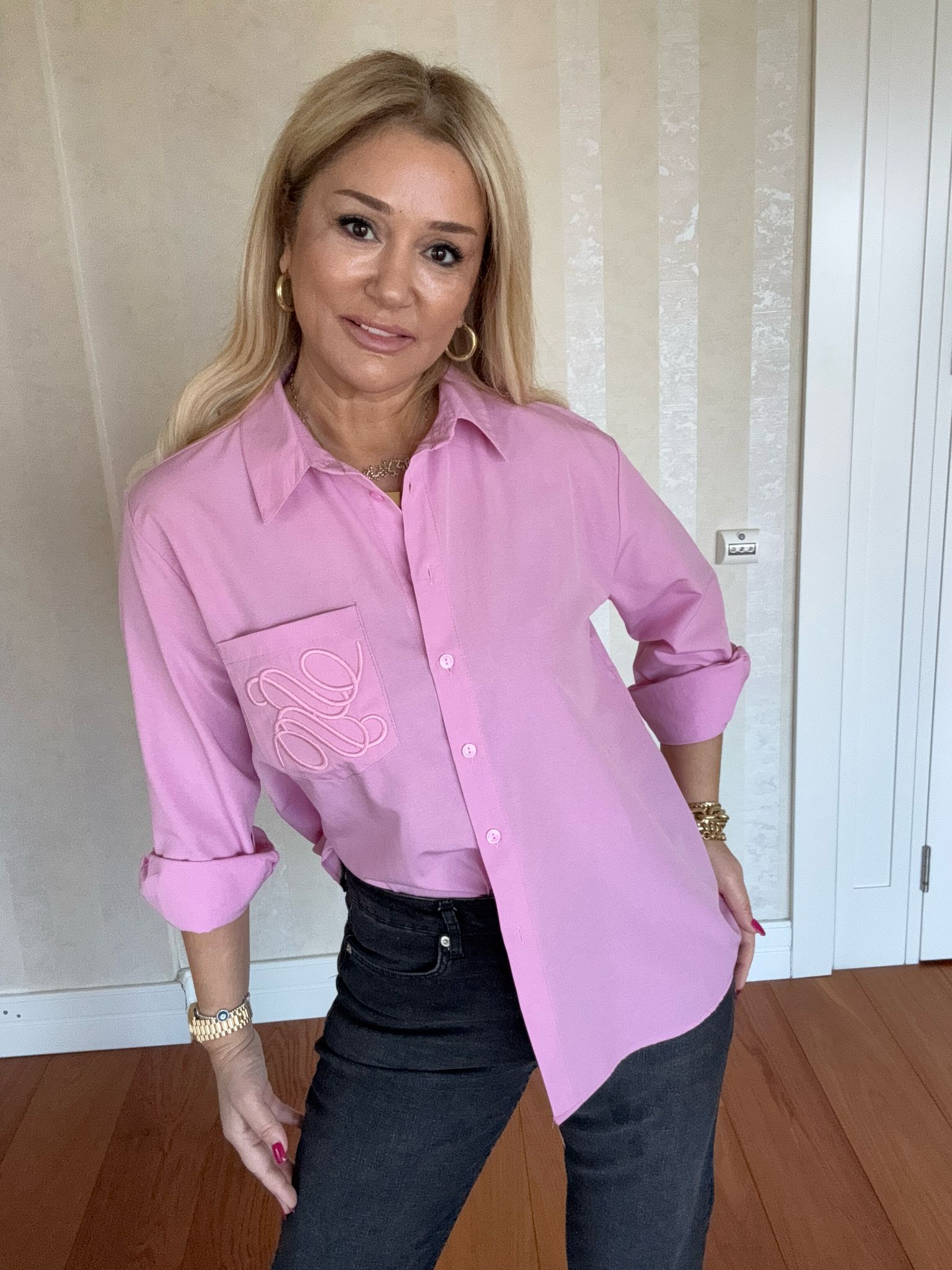 Shor Pembe Nakışlı Gömlek