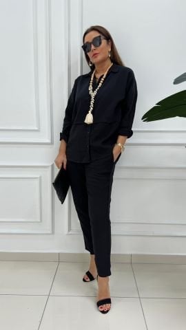 Kevin Kadın Siyah Keten Takım