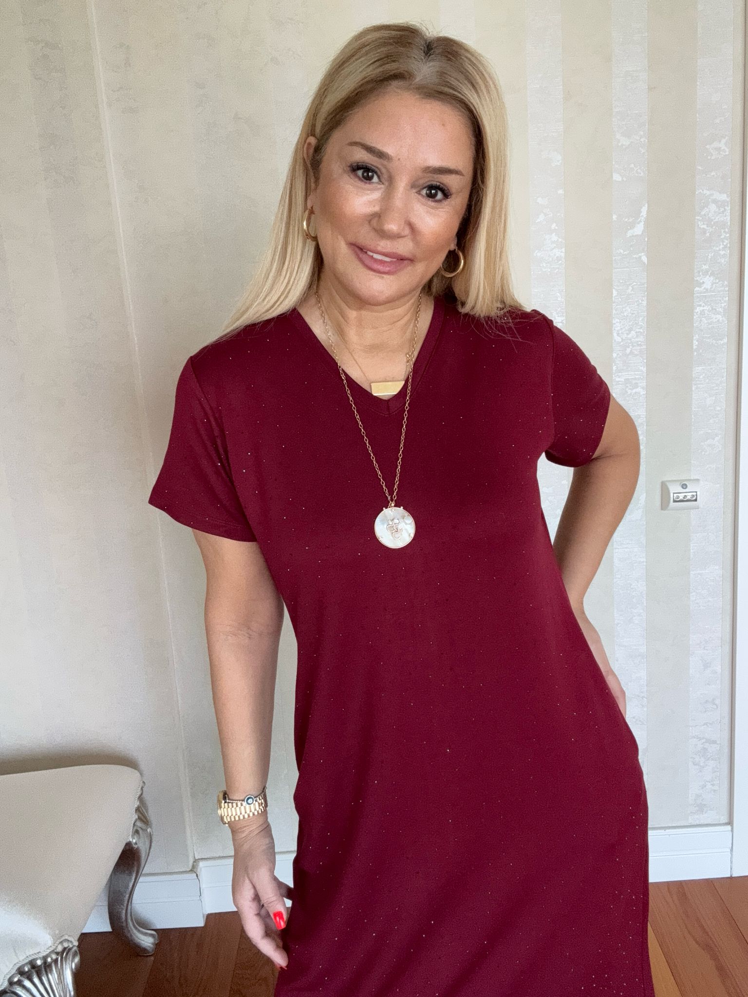 Jasse Bordo Taşlı Elbise