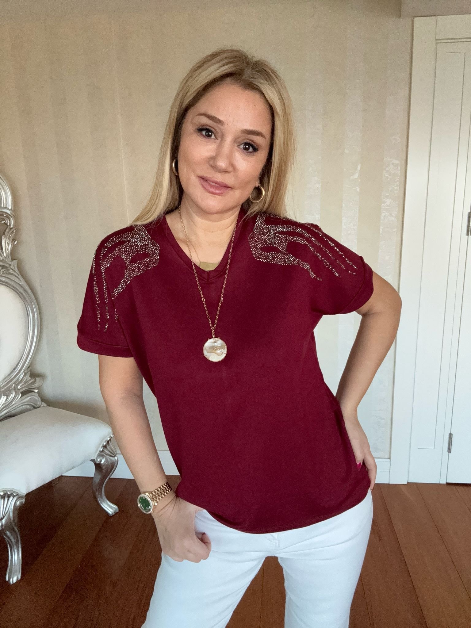 Loreta Taş Detaylı Bordo Bluz