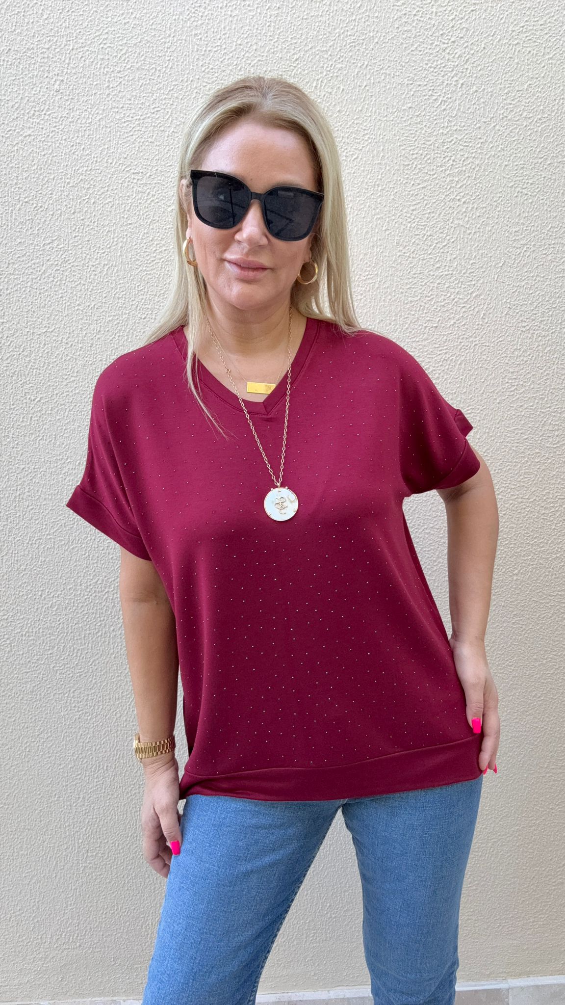 Luse Bordo Taşlı Bluz