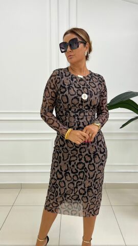 Devi Kadın Kahve Tül Belden Büzgülü Elbise