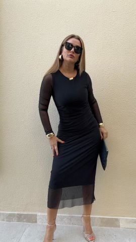 Pinat Siyah Bel Büzgülü Elbise