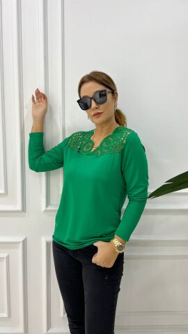 Anezka Yeşil Yakası Dantel Triko