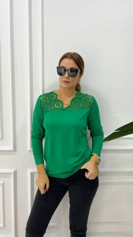 Anezka Yeşil Yakası Dantel Triko