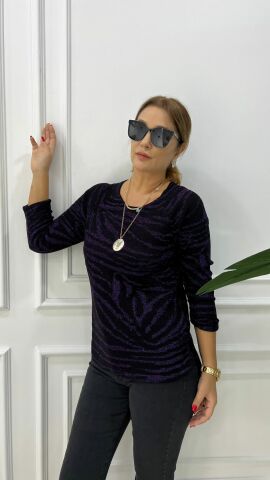 Ressi Zebra Desen Simli Leylak-Siyah Triko