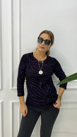 Ressi Zebra Desen Simli Leylak-Siyah Triko