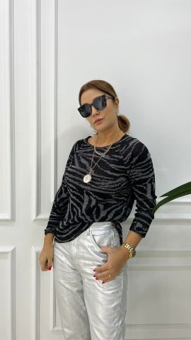 Ressi Zebra Desen Simli Gümüş-Siyah Triko