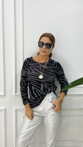Ressi Zebra Desen Simli Gümüş-Siyah Triko