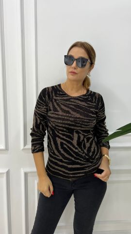 Ressi Zebra Desen Simli Camel-Siyah Triko