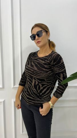 Ressi Zebra Desen Simli Camel-Siyah Triko