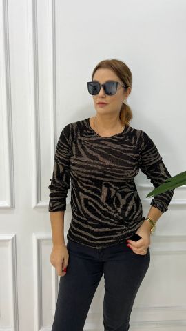 Ressi Zebra Desen Simli Camel-Siyah Triko