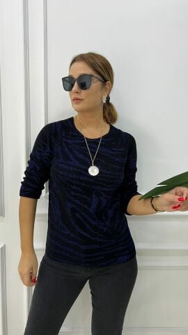 Ressi Zebra Desen Simli Saks-Siyah Triko