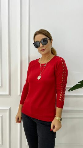 Sodi Kolu Saç Örgülü Kırmızı Triko