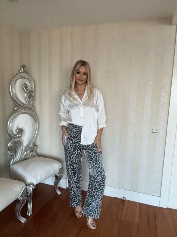 Perra Parlak Saten Gri Leopar Pantolon