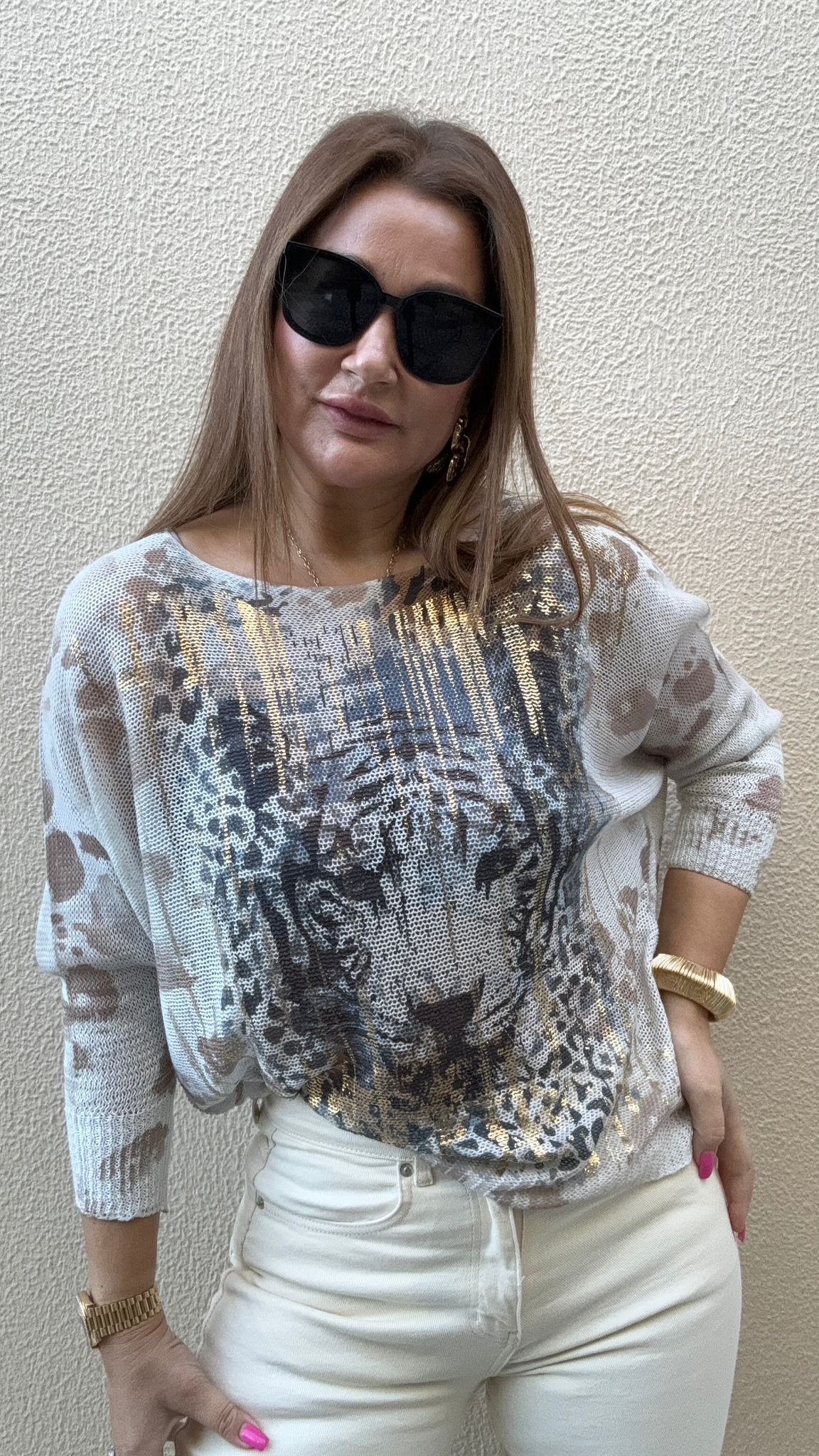 Batik Leopar Desen Beyaz İthal Bluz