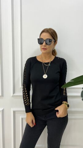 Sodi Kolu Saç Örgülü Siyah Triko