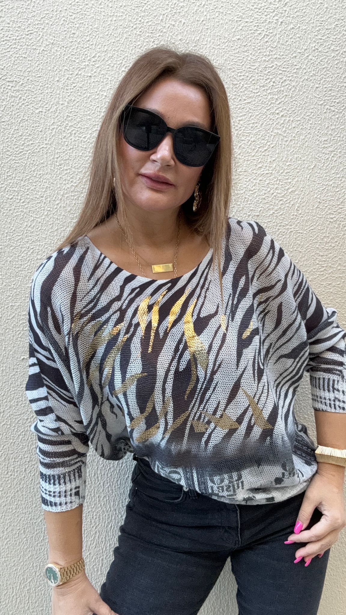 Yaldız Detaylı Zebra Çizgili İthal Bluz