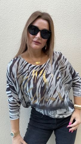 Yaldız Detaylı Zebra Çizgili İthal Bluz