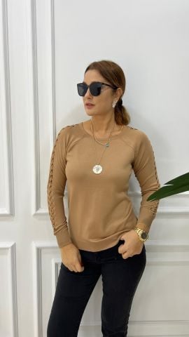 Sodi Kolu Saç Örgülü Camel Triko