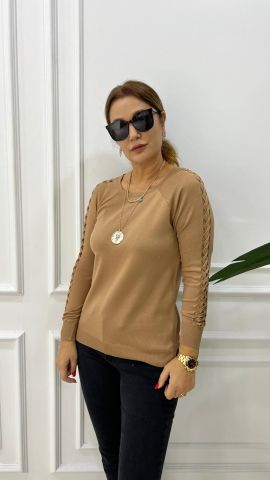 Sodi Kolu Saç Örgülü Camel Triko