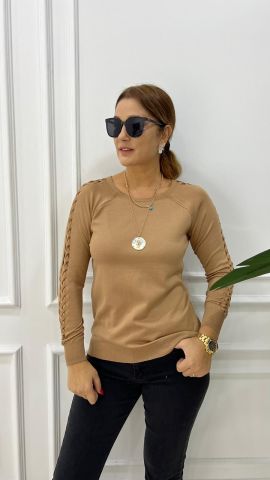 Sodi Kolu Saç Örgülü Camel Triko