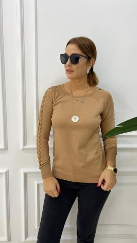 Sodi Kolu Saç Örgülü Camel Triko