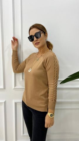 Sodi Kolu Saç Örgülü Camel Triko