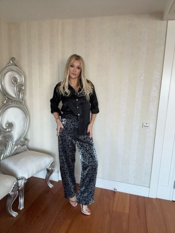 Perra Parlak Saten Siyah Leopar Pantolon