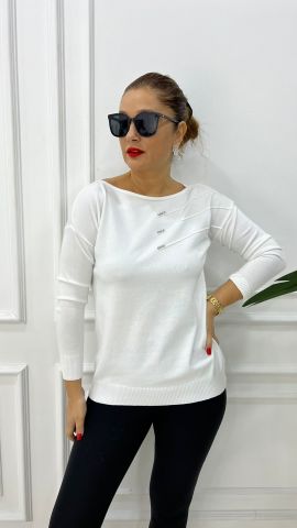 Dipo Beyaz Taş İşlemeli Triko