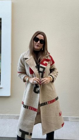 Fashion Desen Uzun Bej Keçe Kaban