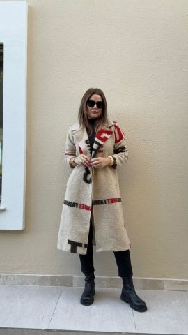 Fashion Desen Uzun Bej Keçe Kaban