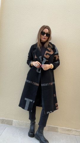 Fashion Desen Uzun Siyah Keçe Kaban