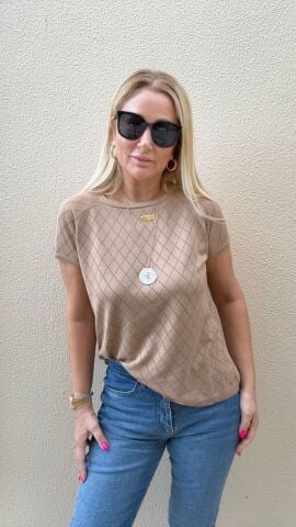 Anissa Camel Baklava Desen Büyük Beden Triko