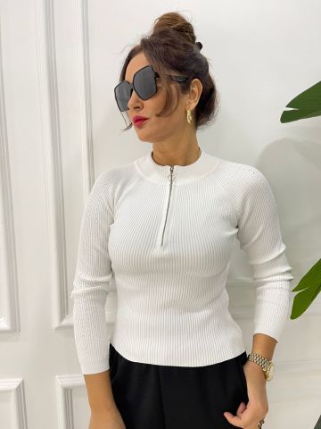 Fermuarlı Ekru Body