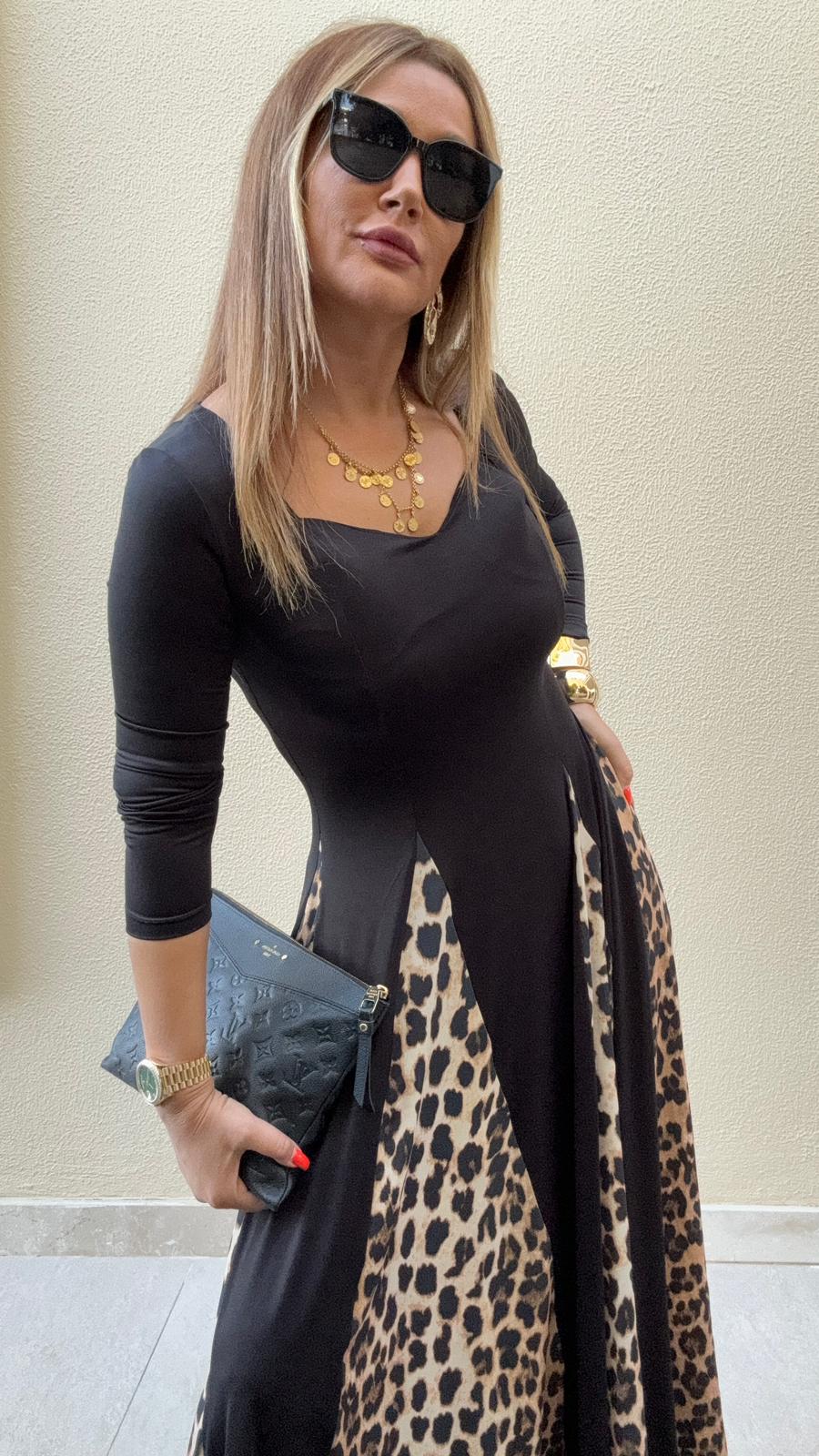 Hige Siyah-Leopar Desenli Elbise