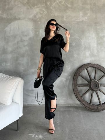 Lutz Düz Saten Siyah Takım