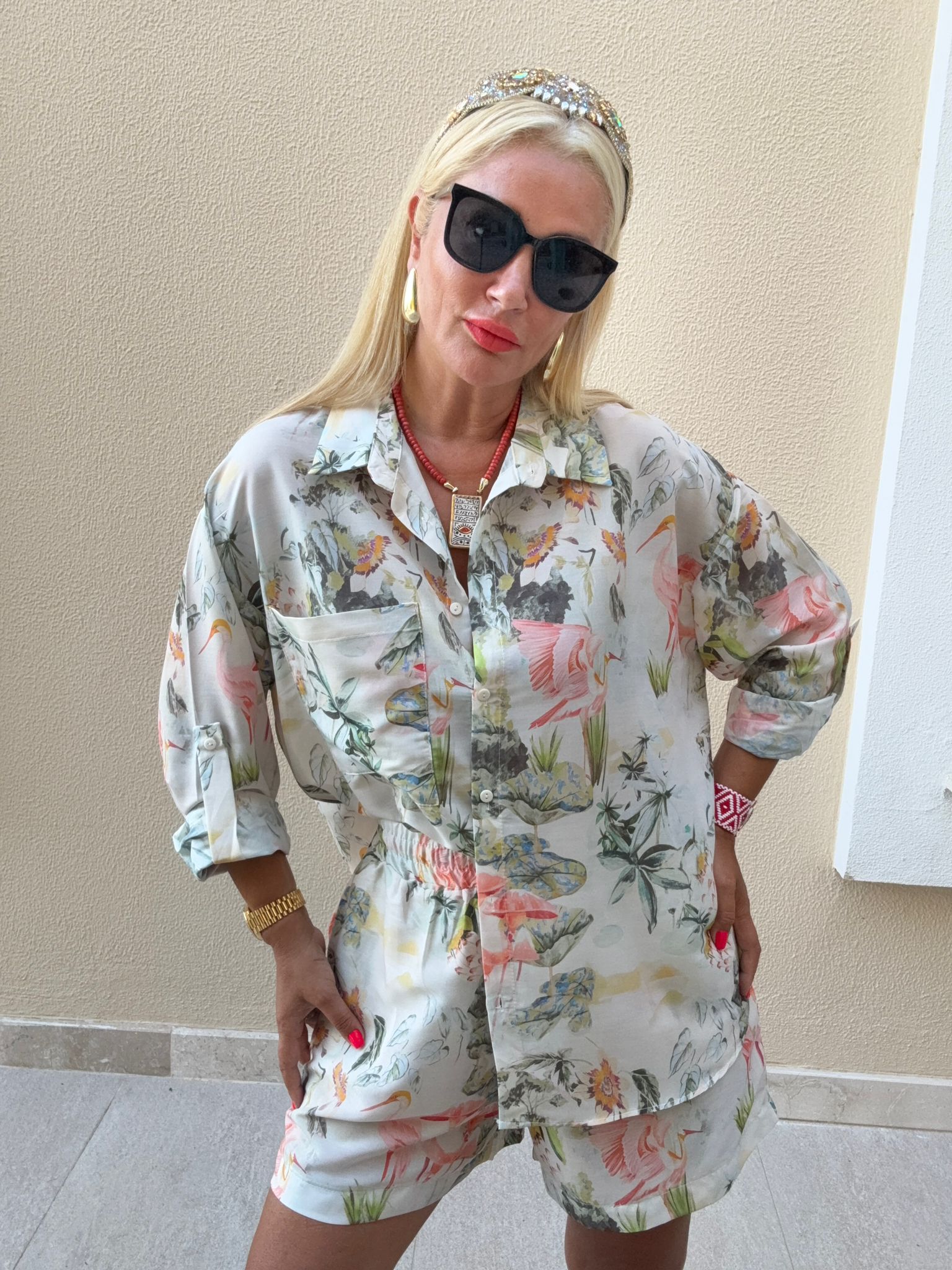 Belpa Bej Flamingo Desenli Şortlu Takım