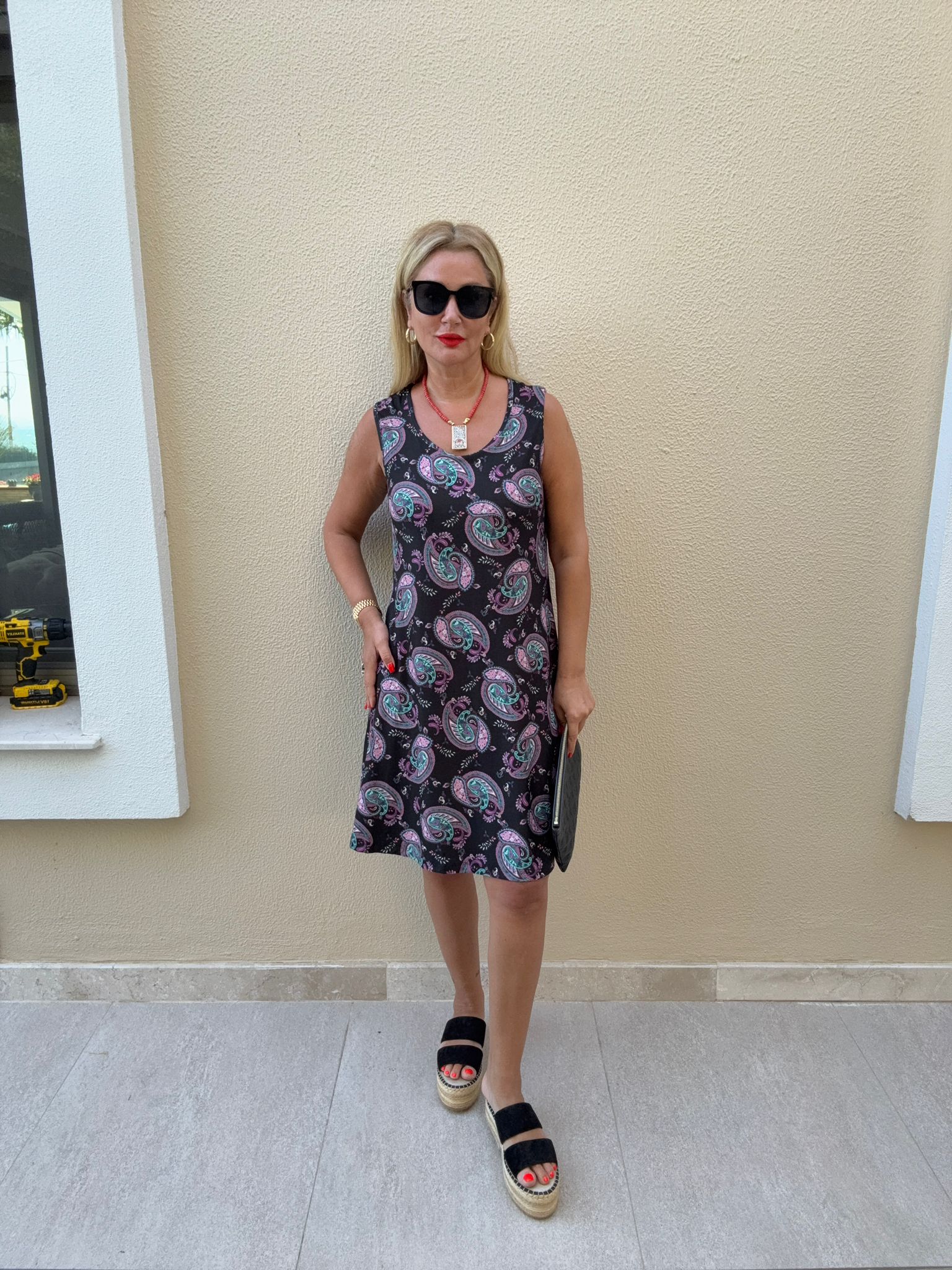 Nelsa Siyah-Mor Desenli Elbise S - MOR