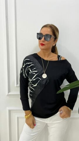 Askılı Kadın Zebra Desen Siyah Bluz