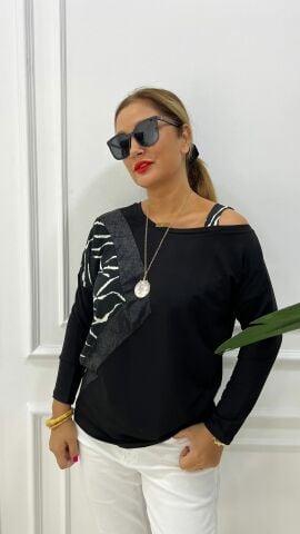 Askılı Kadın Zebra Desen Siyah Bluz
