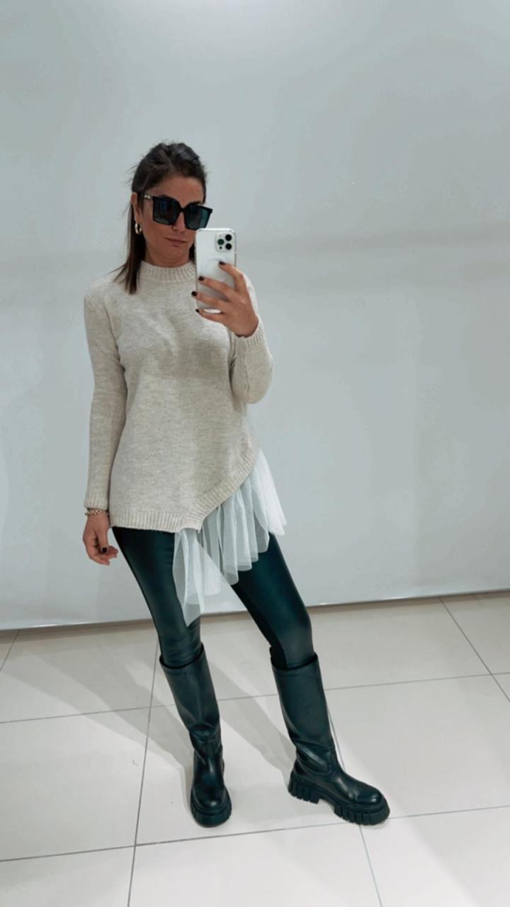 Eteği Tül Bej Triko