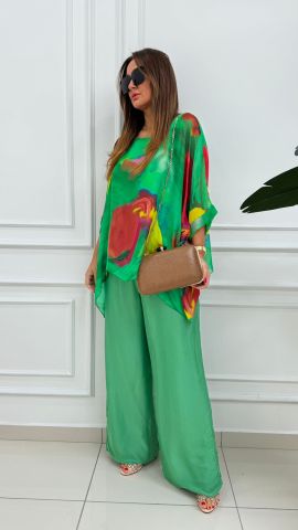 Shift Yeşil Batik Desen İthal İpek Takım
