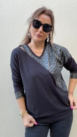 Liona Yılan Desen Siyah Bluz