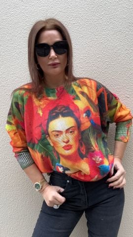 Frida Tropikal Desen İthal Simli Yeşil Triko
