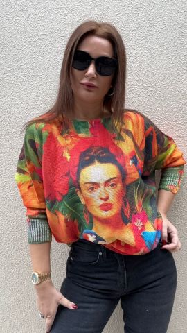 Frida Tropikal Desen İthal Simli Yeşil Triko