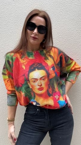 Frida Tropikal Desen İthal Simli Yeşil Triko