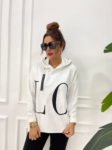 Love Beyaz Kapüşonlu Sweat