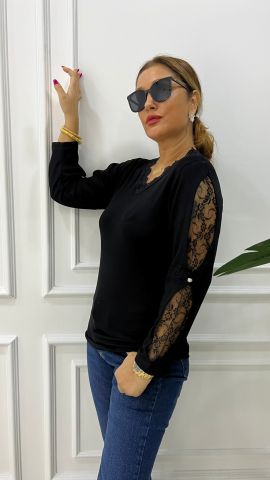 Rabi Kadın Siyah Kol Dantel Triko