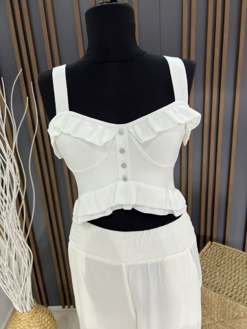 Ekru Kadın Fırfırlı Triko Crop